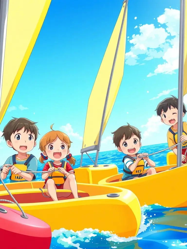 A vibrant image of children learning to sail in Optimist dinghies, with instructors nearby, under a clear blue sky. The focus is on teamwork and fun.