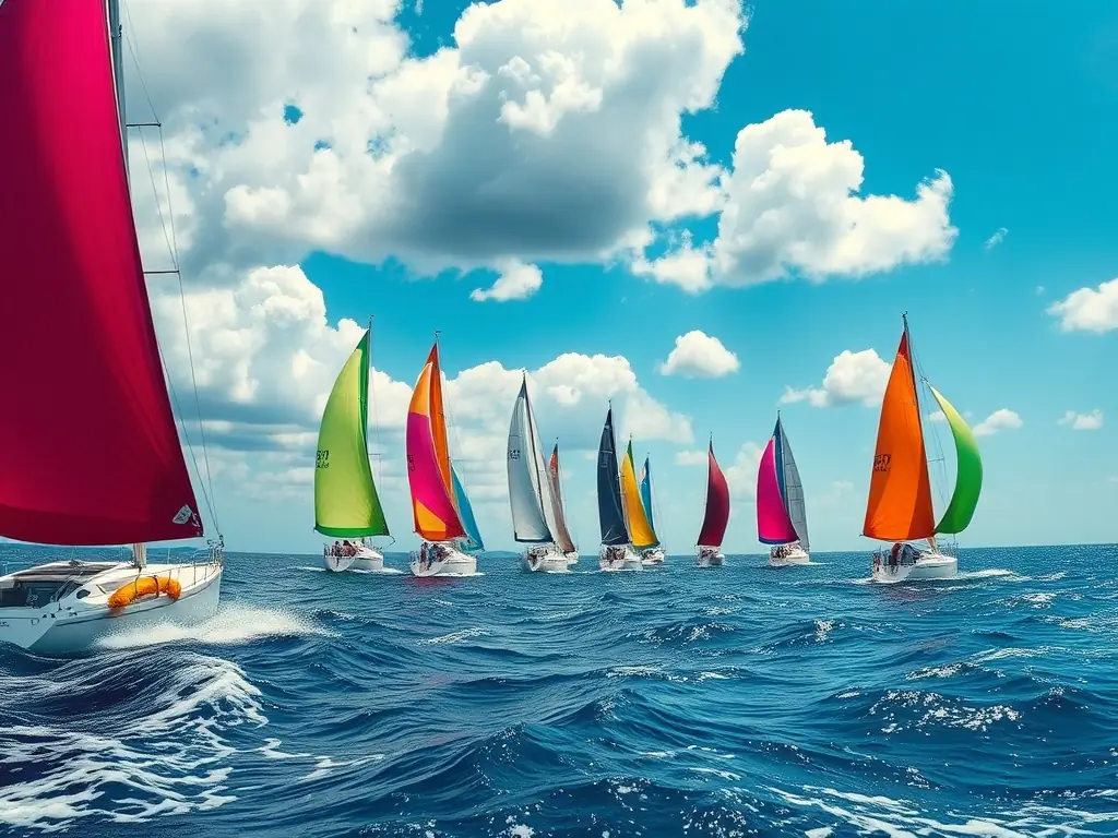 A vibrant image capturing the start of a regatta, with multiple sailboats racing towards the horizon under a clear blue sky. The scene is filled with energy and excitement, showcasing the competitive spirit of the event.