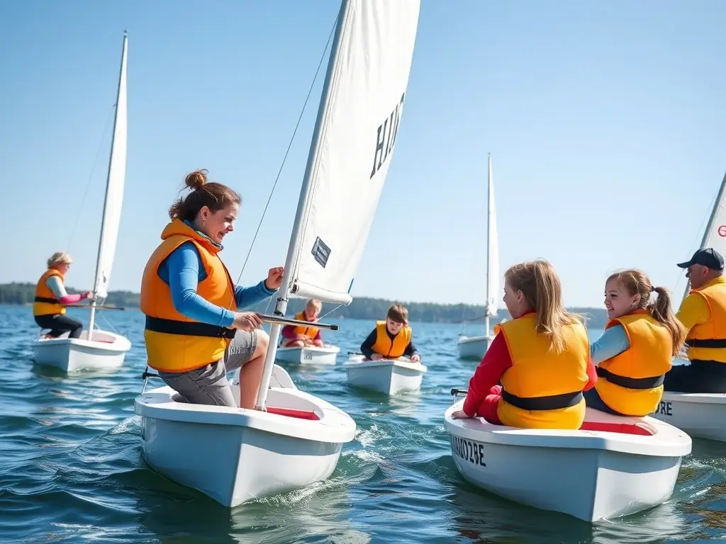 A group of young sailors participating in a beginner's sailing course, learning basic sailing techniques on a calm, sunny day. The image should convey a sense of fun, learning, and teamwork.