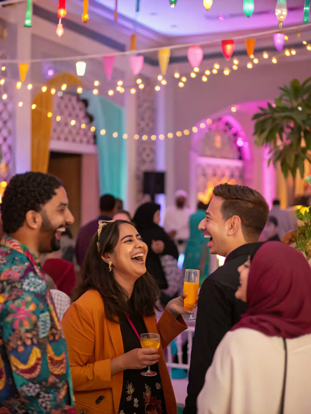 A diverse group of club members of all ages and backgrounds laughing and socializing at a club social event, highlighting the inclusive and friendly atmosphere.