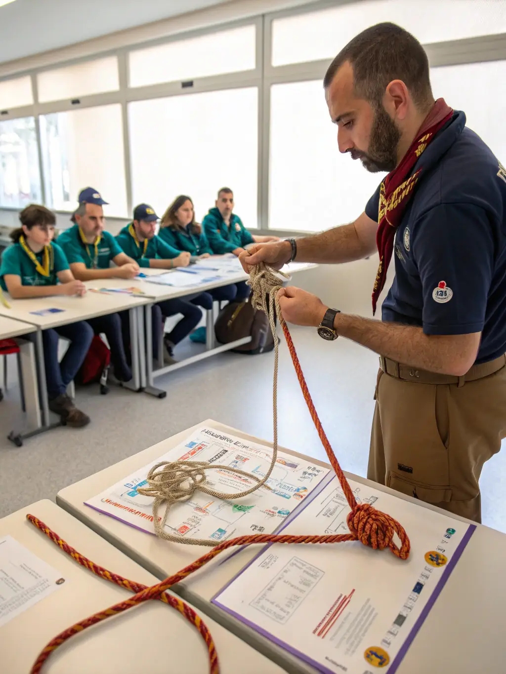 A close-up shot of an instructor demonstrating proper knot-tying techniques to a small group of attentive students on the deck of a sailboat, emphasizing hands-on learning.
