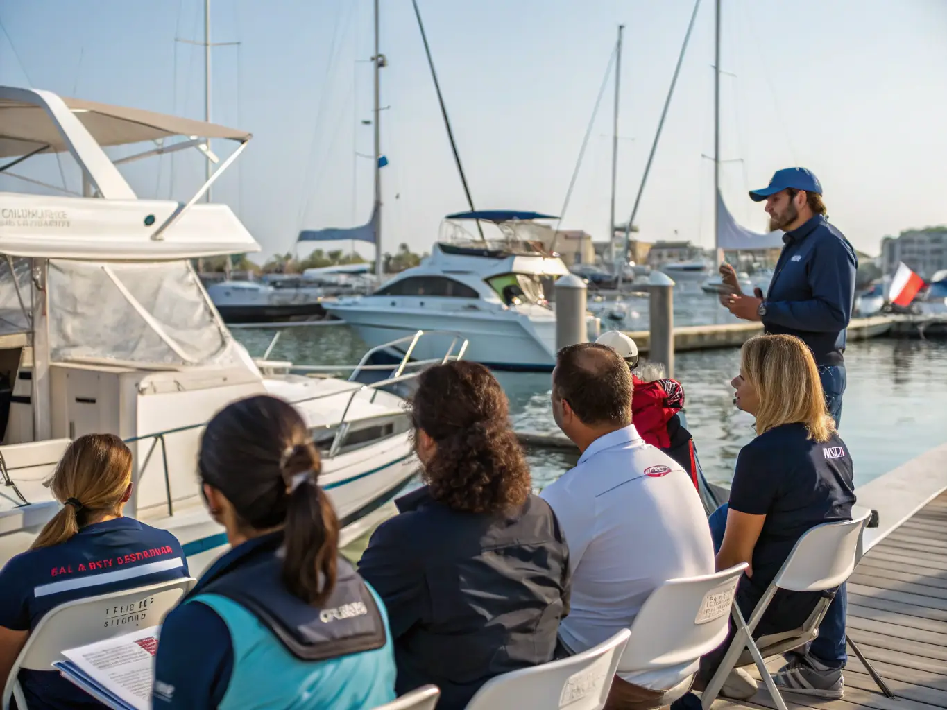 A photograph of participants attending a nautical workshop, learning about navigation and safety techniques. The atmosphere is engaging and educational, with instructors providing hands-on guidance.
