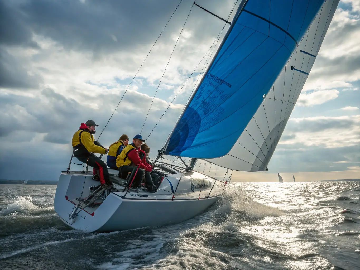 An action shot of a competitive sailing regatta, with multiple sailboats racing closely, showcasing the intensity and excitement of the event.