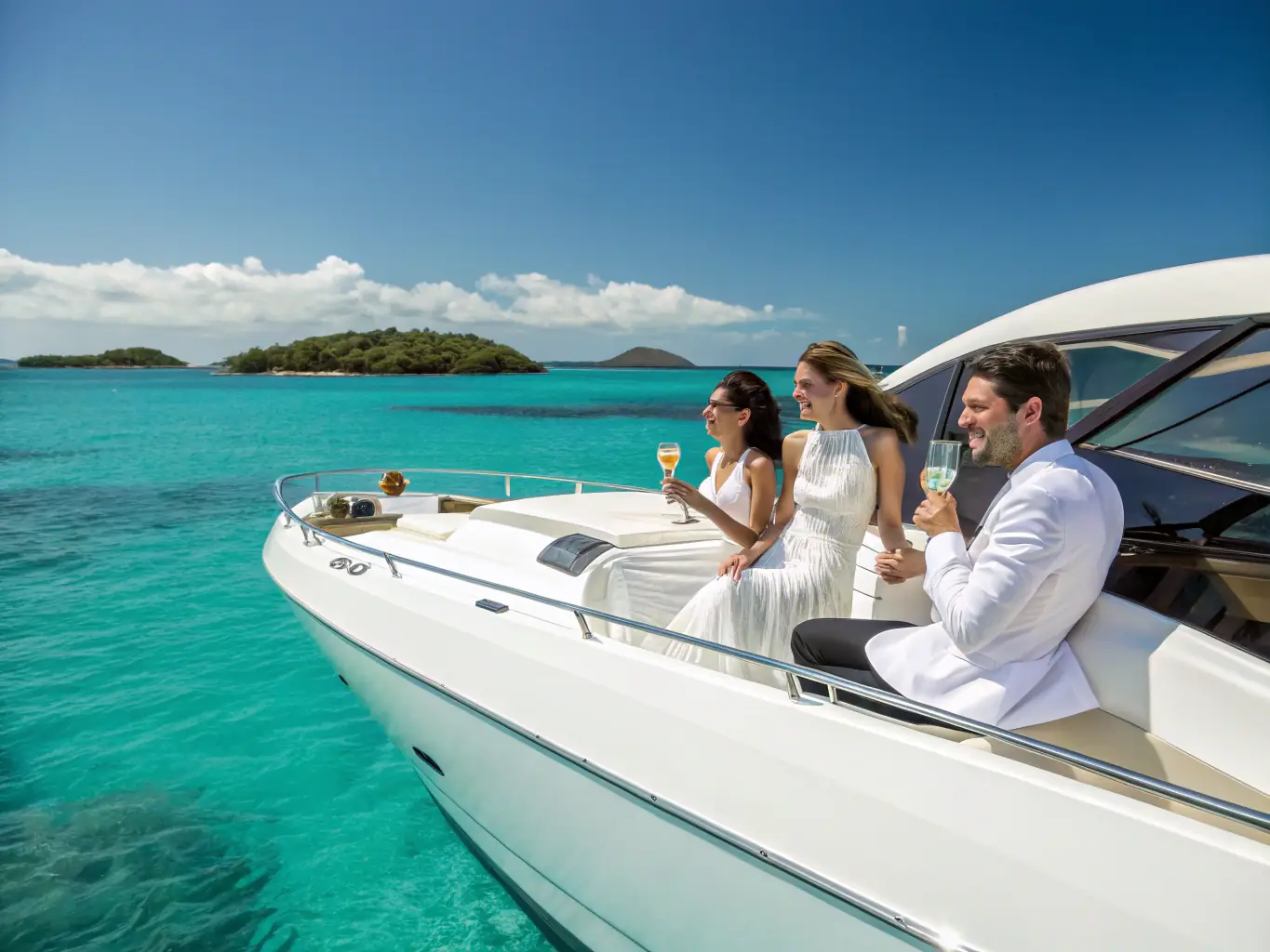 A serene image of a group of adults enjoying a leisurely sunset sail, with calm waters and a picturesque coastline in the background.
