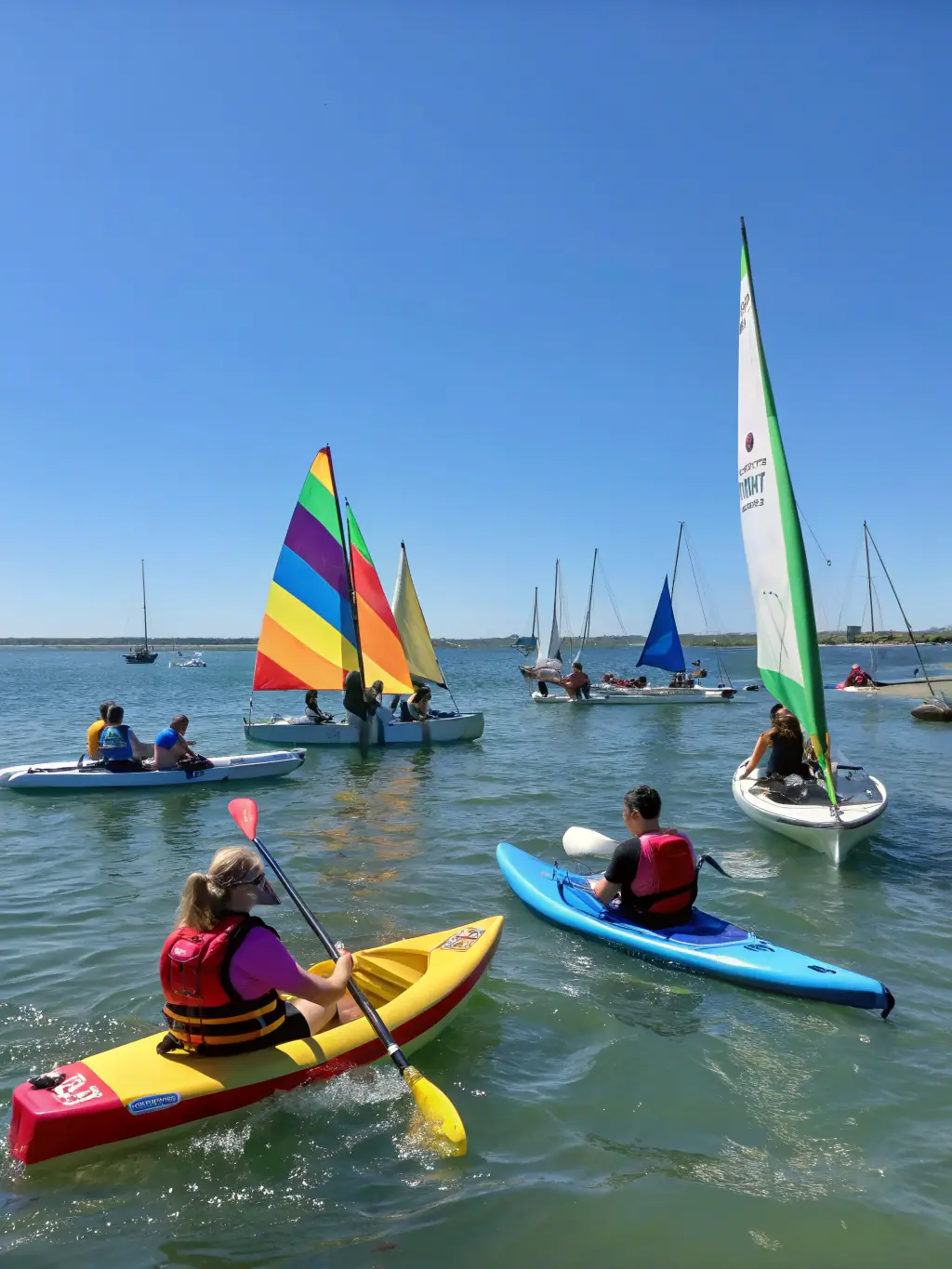 A dynamic shot of adaptive sailing participants, showcasing individuals with disabilities enjoying sailing with specialized equipment and support.