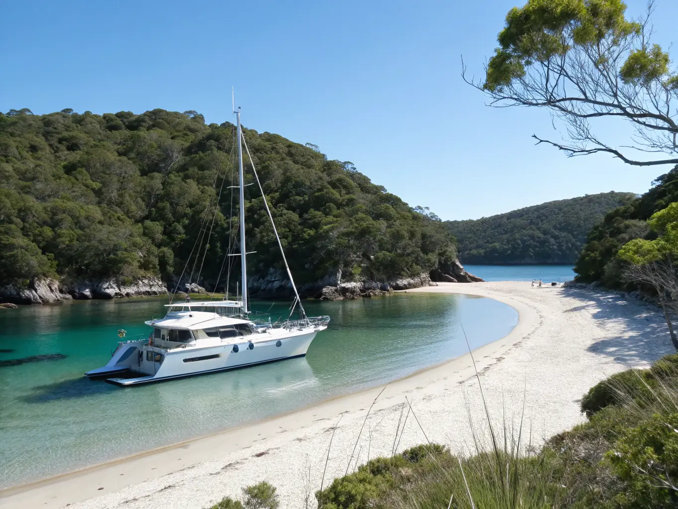 A scenic image of a group of sailors enjoying a leisurely sail along the coast, with clear blue waters and picturesque landscapes in the background. The image should evoke a sense of relaxation, adventure, and connection with nature.