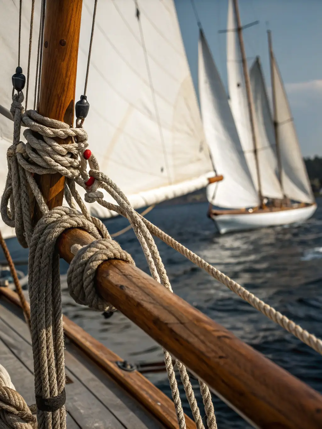 A photo of adults participating in an advanced sailing course, maneuvering a larger sailboat during a regatta, showcasing skill and precision.
